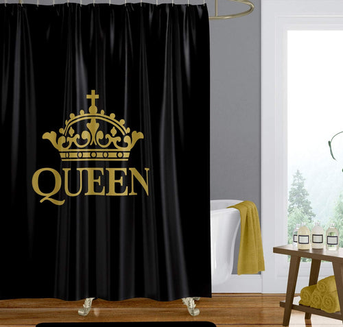 Shower Curtain with Hooks - 71 X 71 Inch, Black and Gold Queen Crown